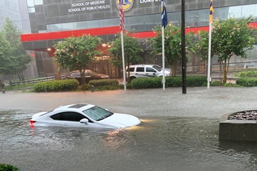 flooded car on LSU Health downtown campus